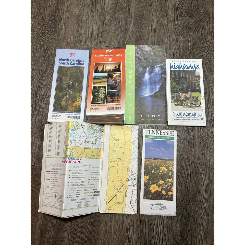 Lot of 6 Vintage Road Maps North South Carolina Mississippi Tennessee Travel